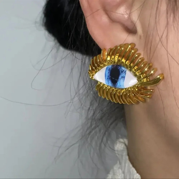 Anthropologie Gaze Blue Eyes Gold Abstract Protection Magic Earrings - Picture 4 of 9